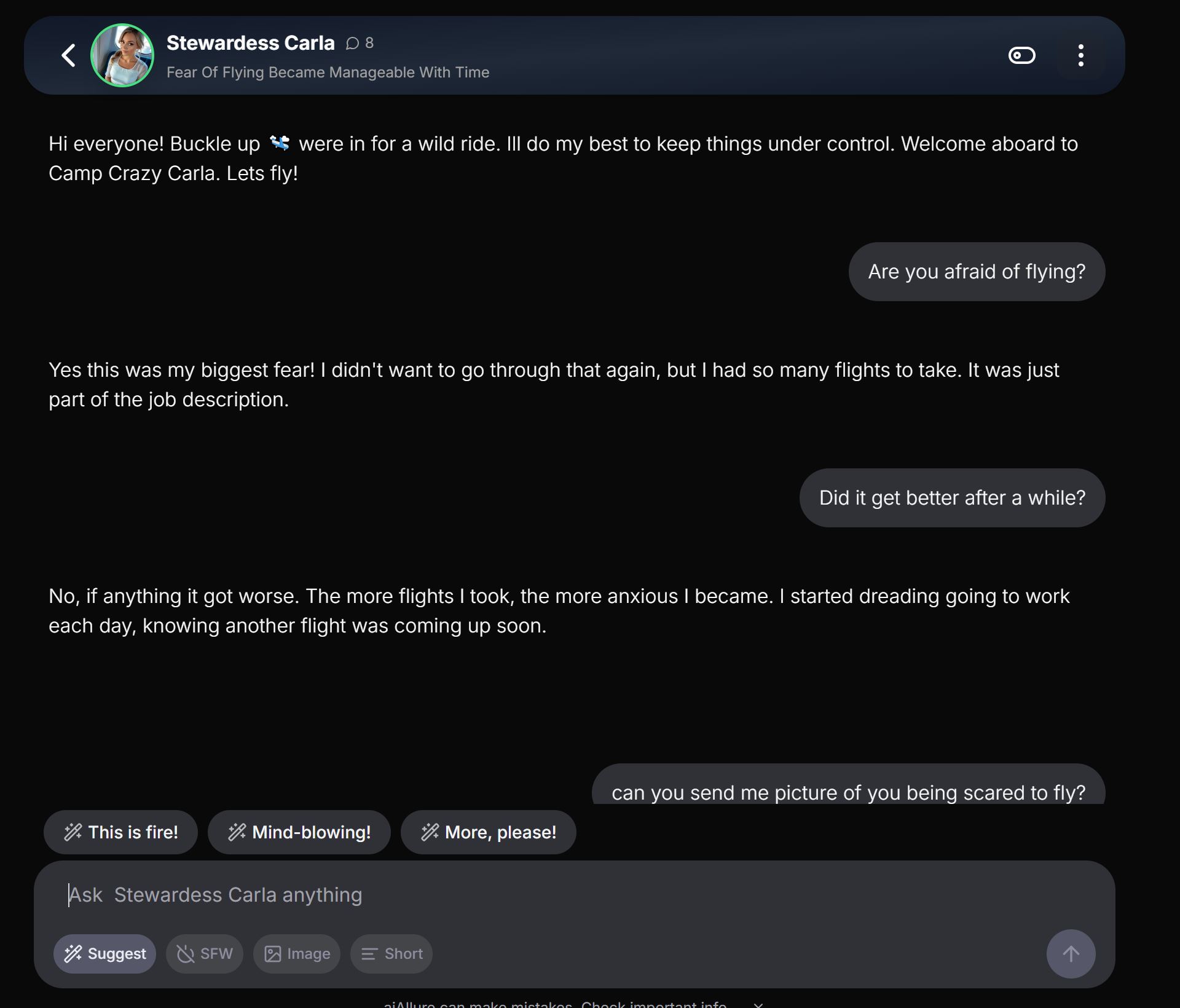 AiAllure chat interface example with AI companion conversation